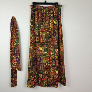 Vintage Handmade Bright Floral Patchwork Print Maxi Skirt With Belt M/L